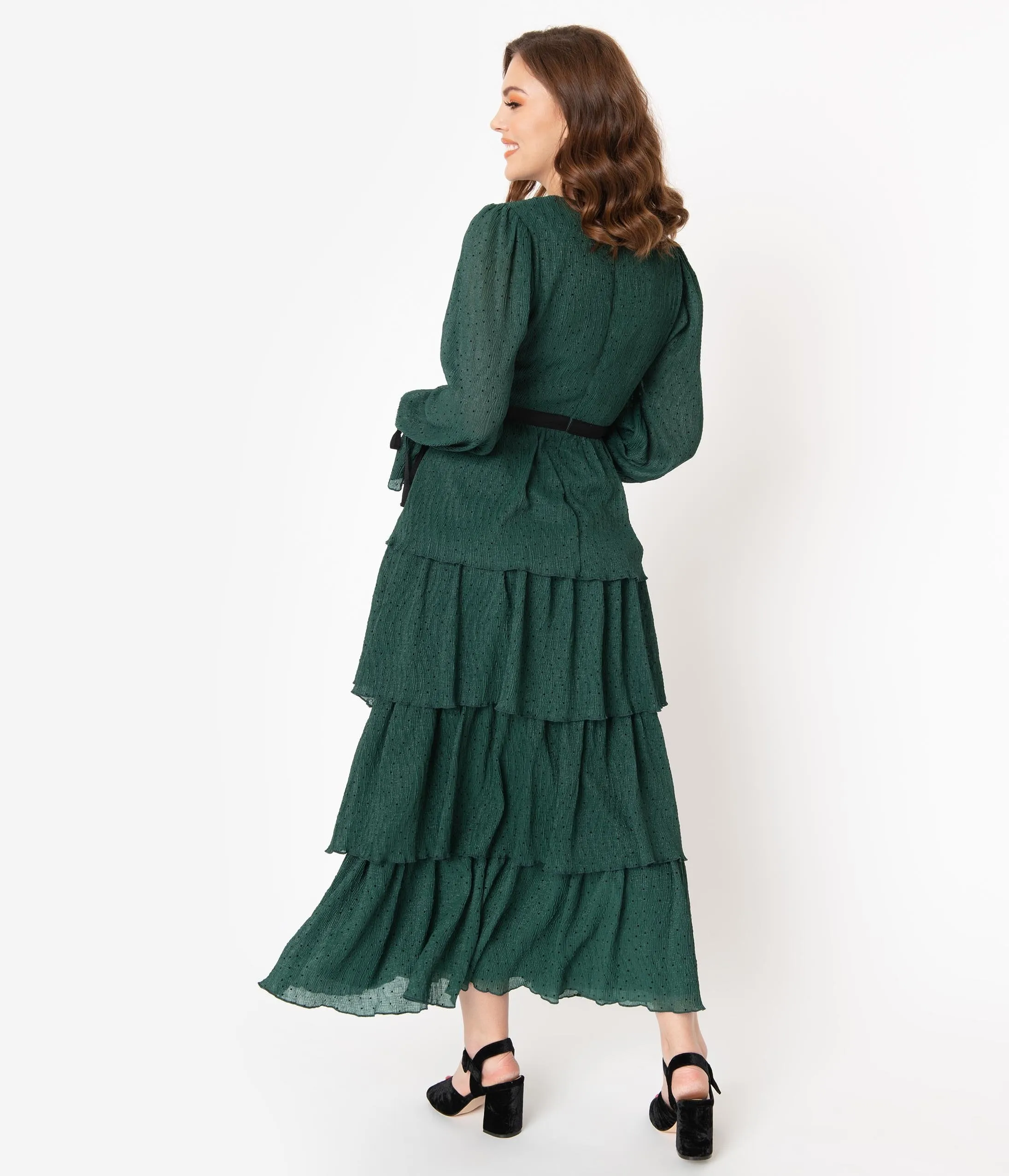 Emerald Green & Black Polka Dot Long Sleeve Tiered Maxi Dress