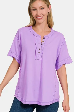 Exposed Seam Half Button Short Sleeve Top