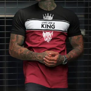 Fashion Live Like A King Print Color Matching Casual Slim Fit Short Sleeve T-Shirt