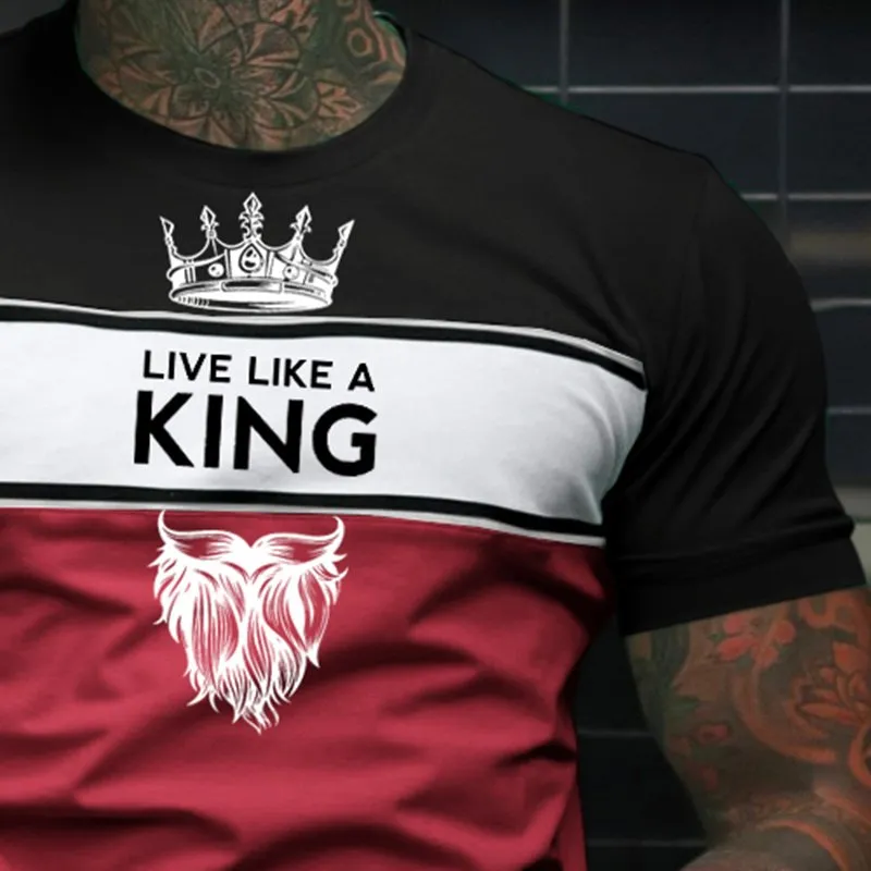 Fashion Live Like A King Print Color Matching Casual Slim Fit Short Sleeve T-Shirt