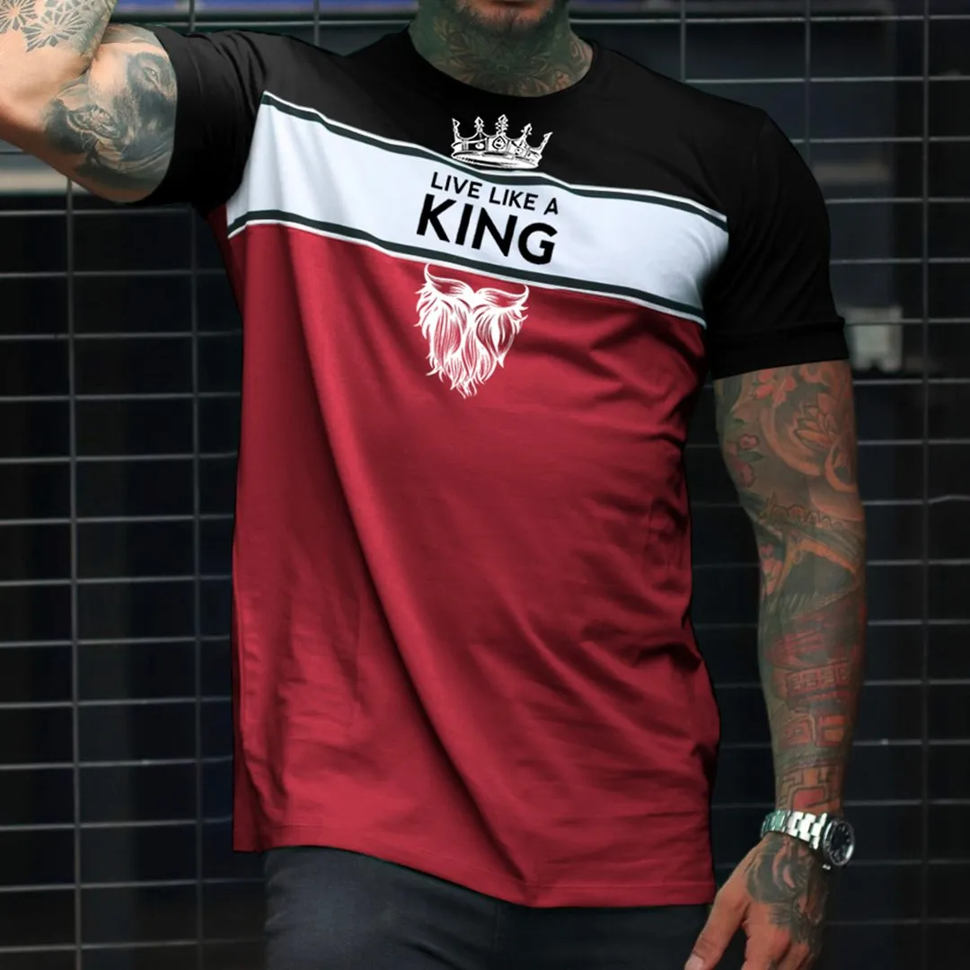 Fashion Live Like A King Print Color Matching Casual Slim Fit Short Sleeve T-Shirt