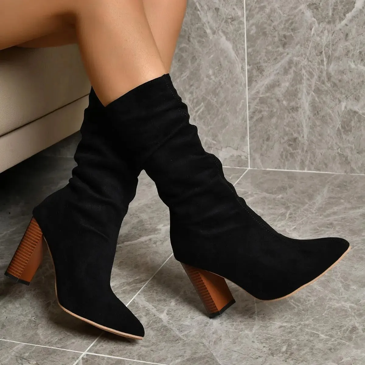 Faux Suede Slouch Heeled Boots