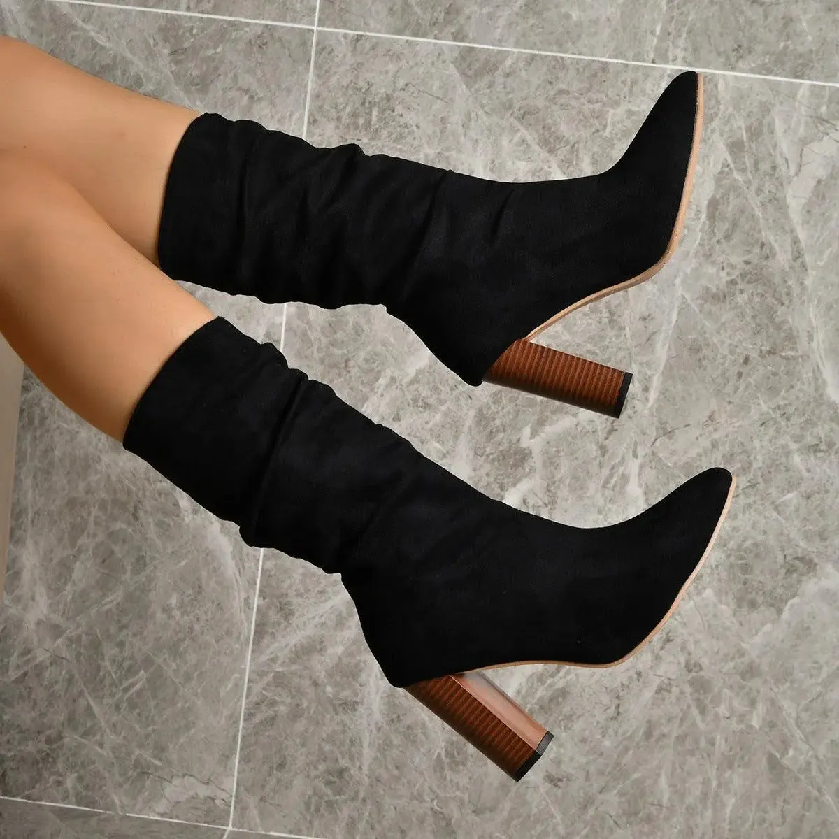 Faux Suede Slouch Heeled Boots