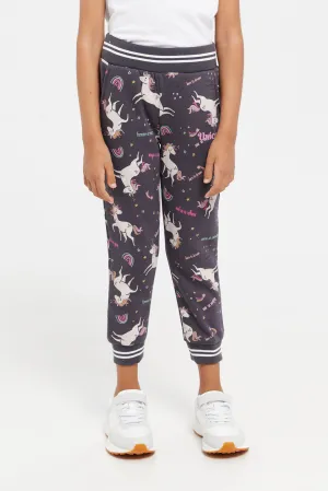 Girls Charcoal Unicorn Print Track Pants