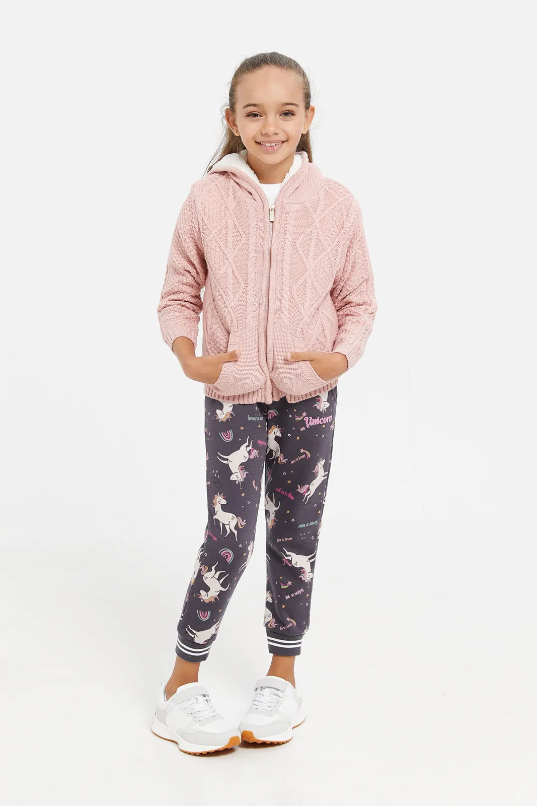 Girls Charcoal Unicorn Print Track Pants