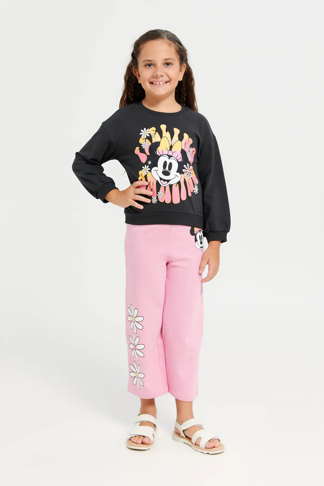 Girls Pink Minnie Mouse Print Track Pants