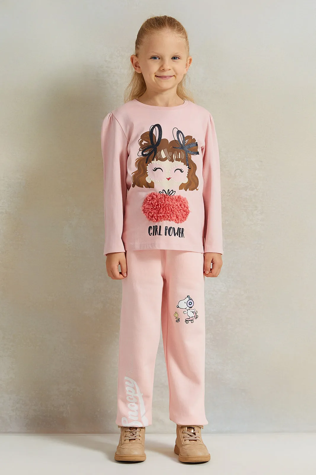 Girls Pink Snoopy Print Active Track Pants