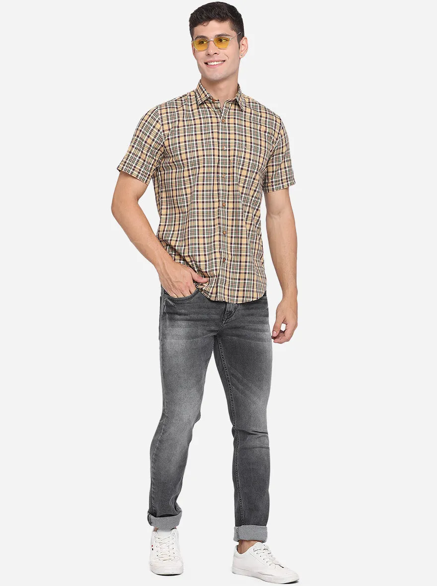 Gold Yellow & Grey Checked Slim Fit Casual Shirt | JadeBlue