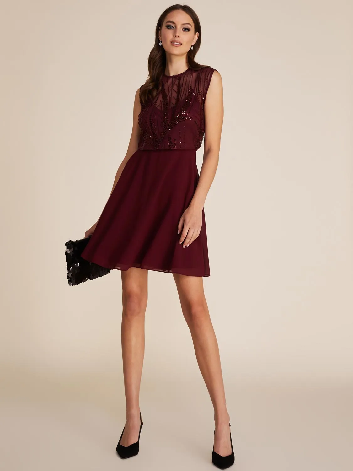 Illusion Sequin Mini Fit & Flare Dress