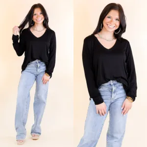 It's That Simple Solid V Neck Long Sleeve Tee in Black