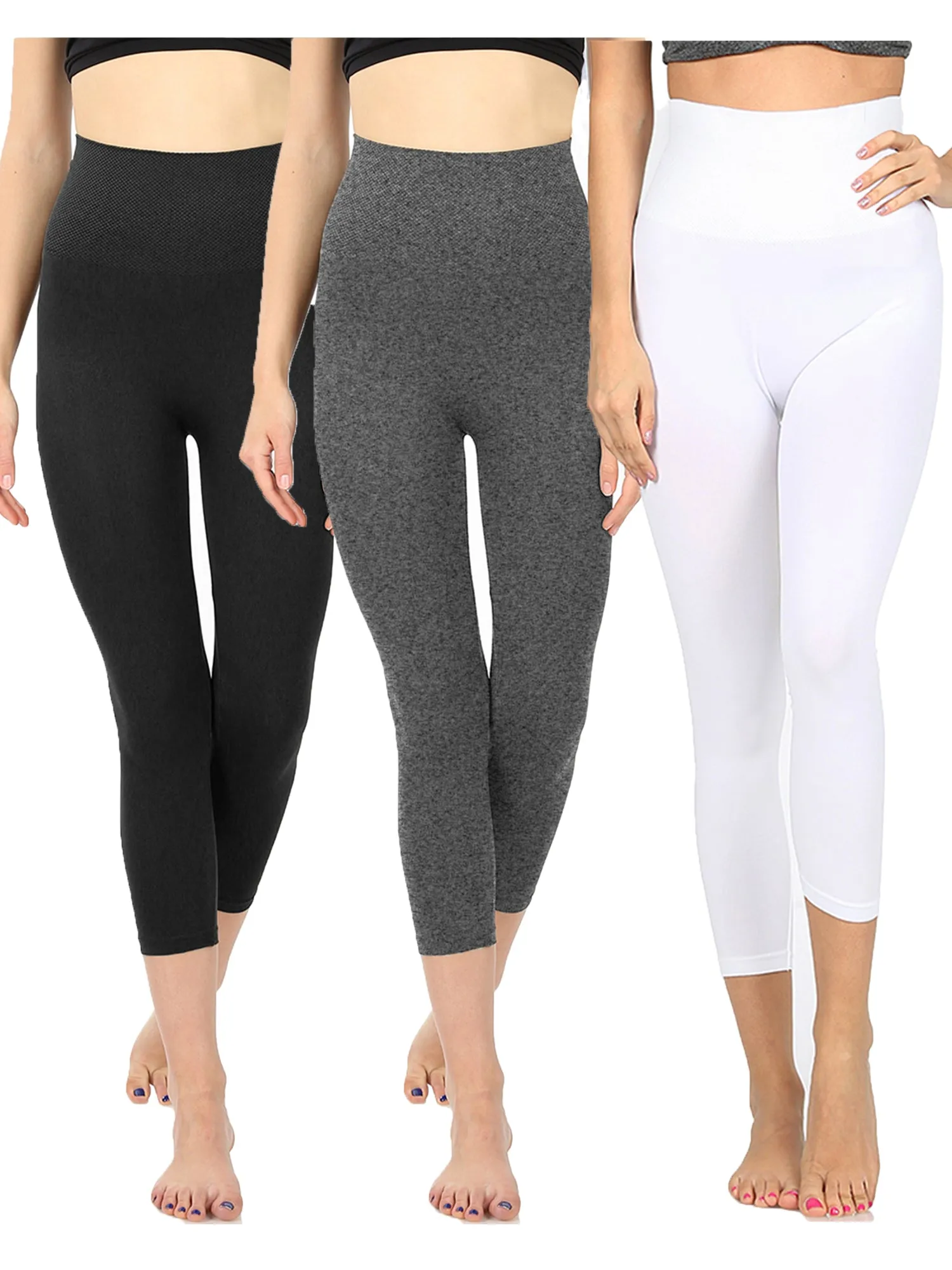 KOGMO Women's Active Seamless Capri Leggings with High Diamond Shaped Band 3PC