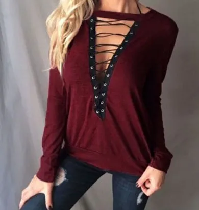 Large Size T Shirt Women Lace up Tops Bandage Long Sleeve V Neck Shirts