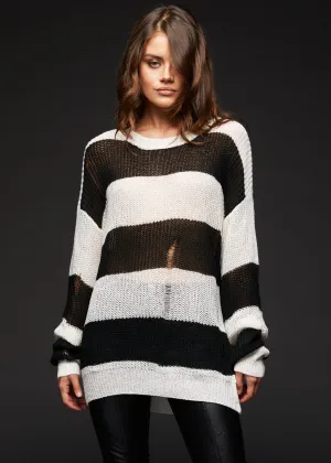 Line Up Black and White Striped Distressed Knit Sweater