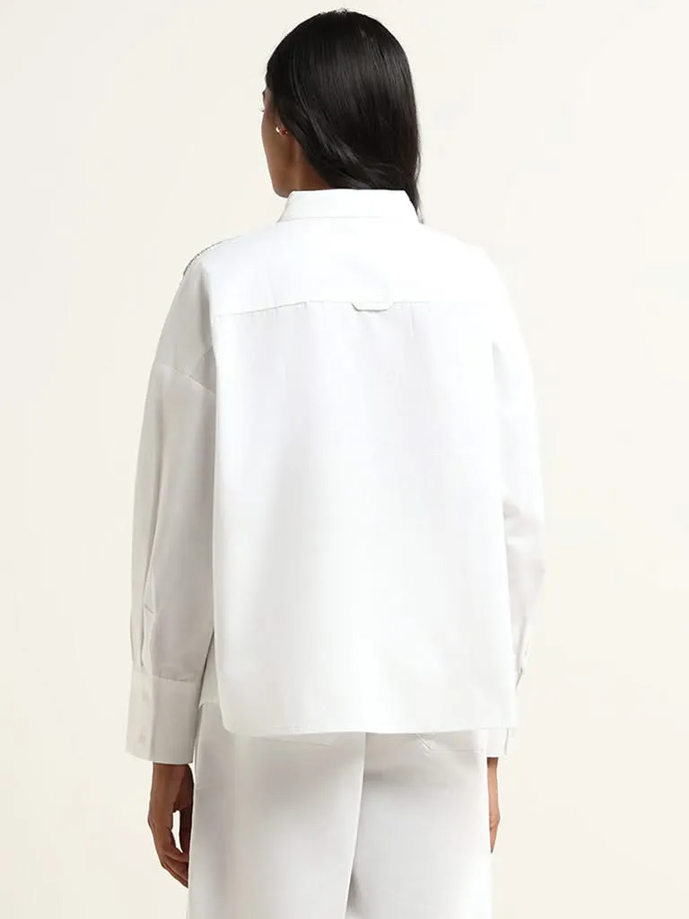 LOV White Sequined Embroidered Cotton Shirt