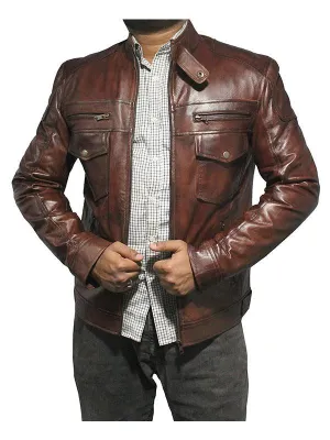 Men Strap Pocket Classic Leather Jacket - Brown