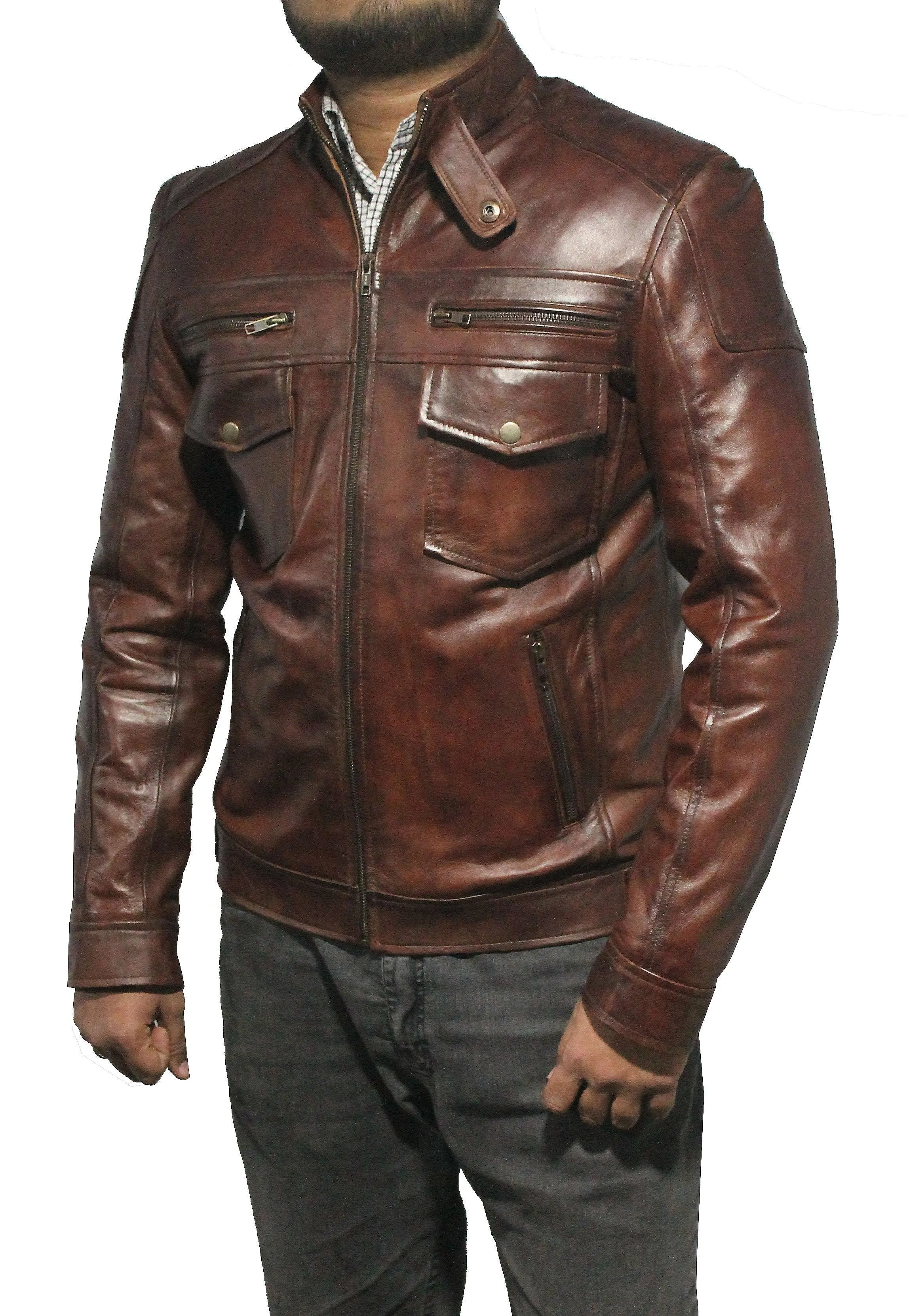 Men Strap Pocket Classic Leather Jacket - Brown