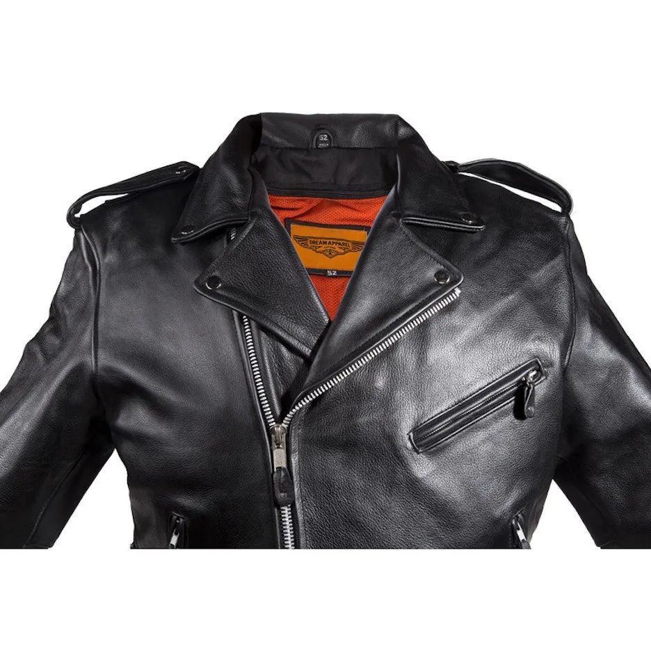 Mens Classic Police Style Split Leather Motorcycle Jacket With Side Laces