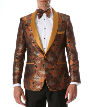 Men's Hugo Rust Floral Modern Fit Shawl Collar Tuxedo Blazer