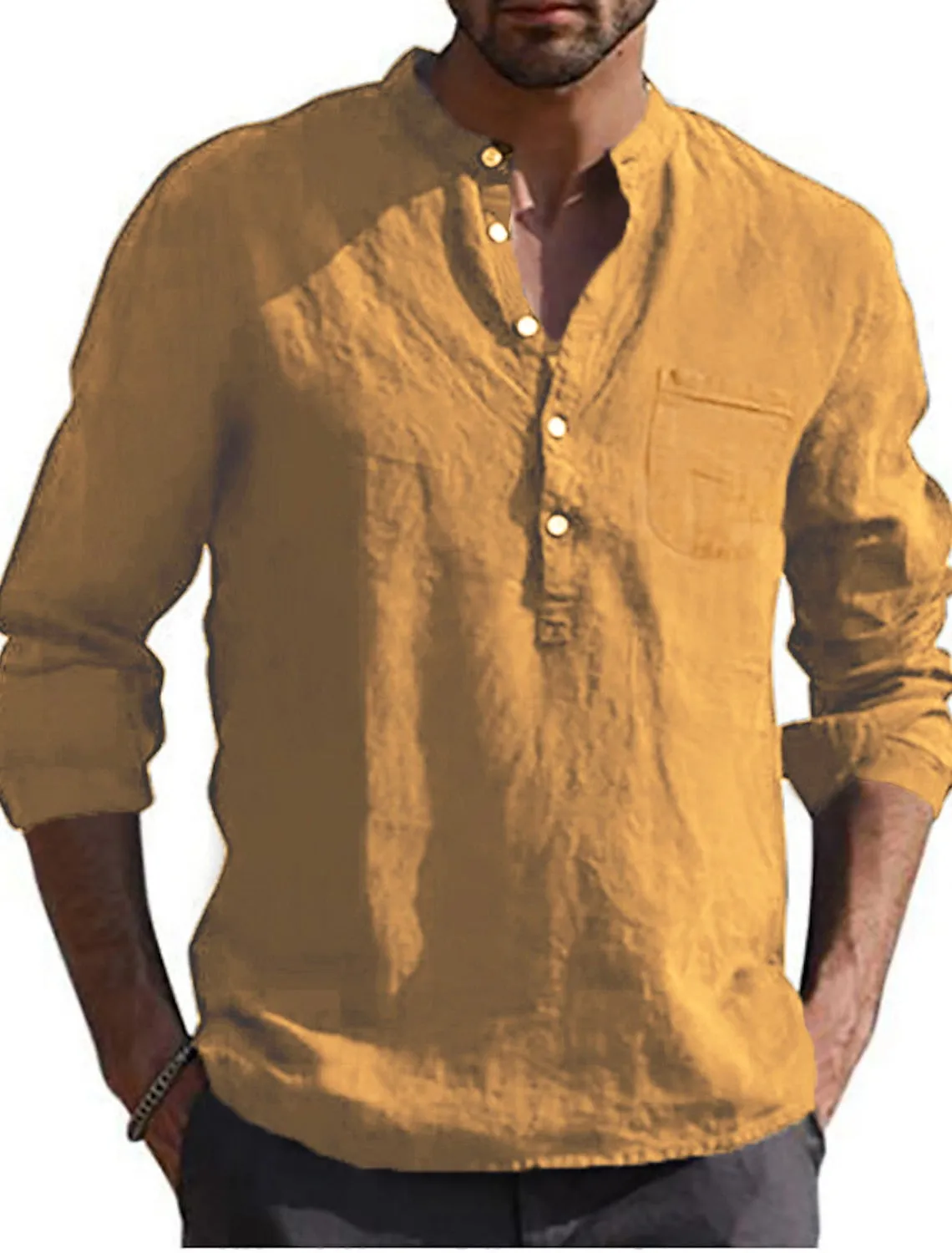 Men's Linen Solid Color V Neck Shirt