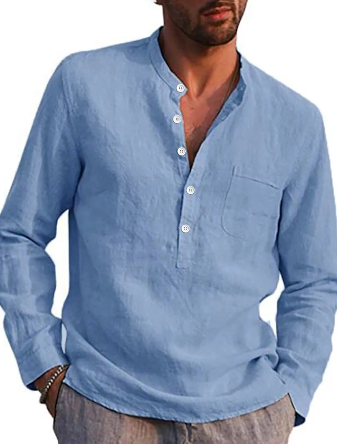 Men's Linen Solid Color V Neck Shirt