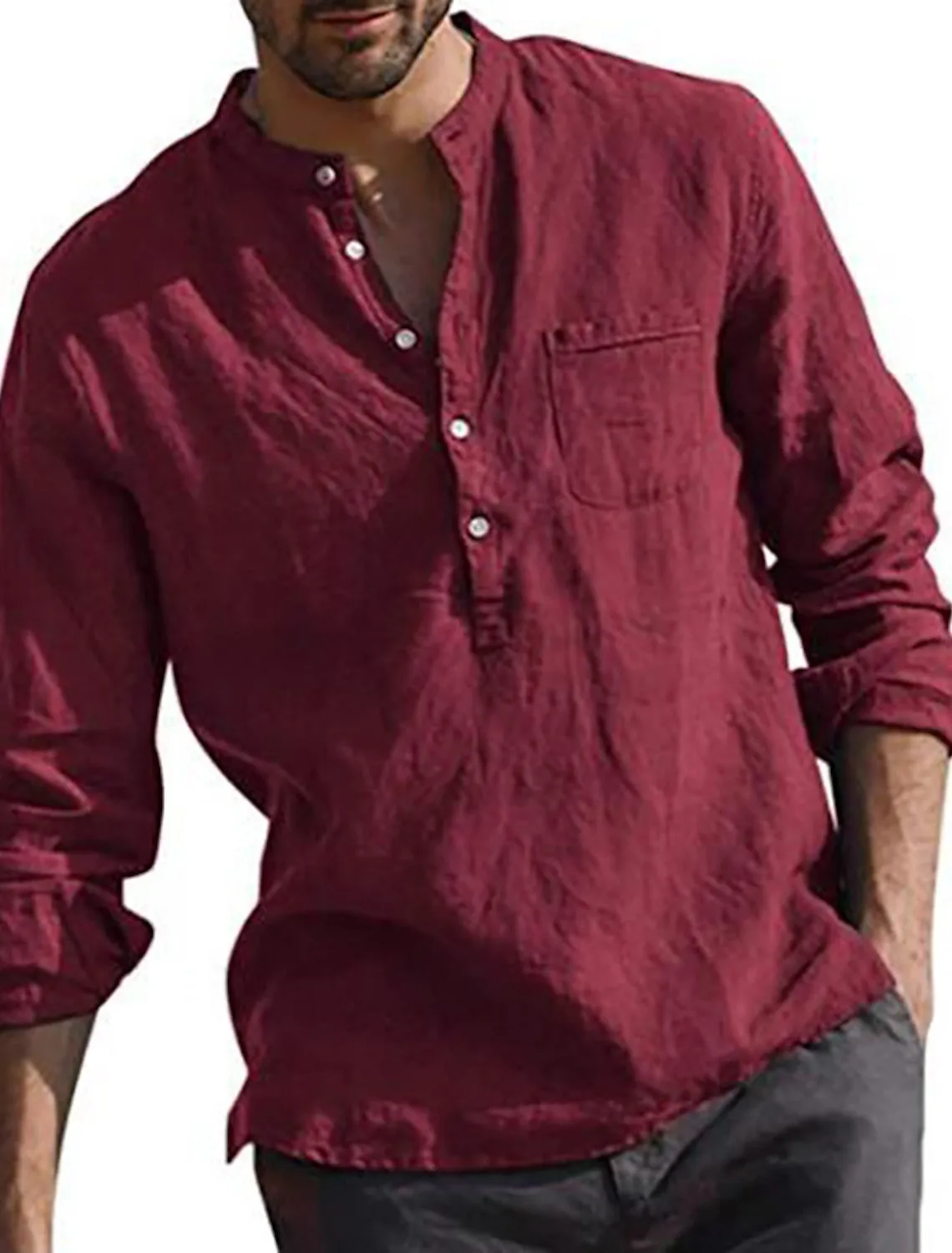 Men's Linen Solid Color V Neck Shirt