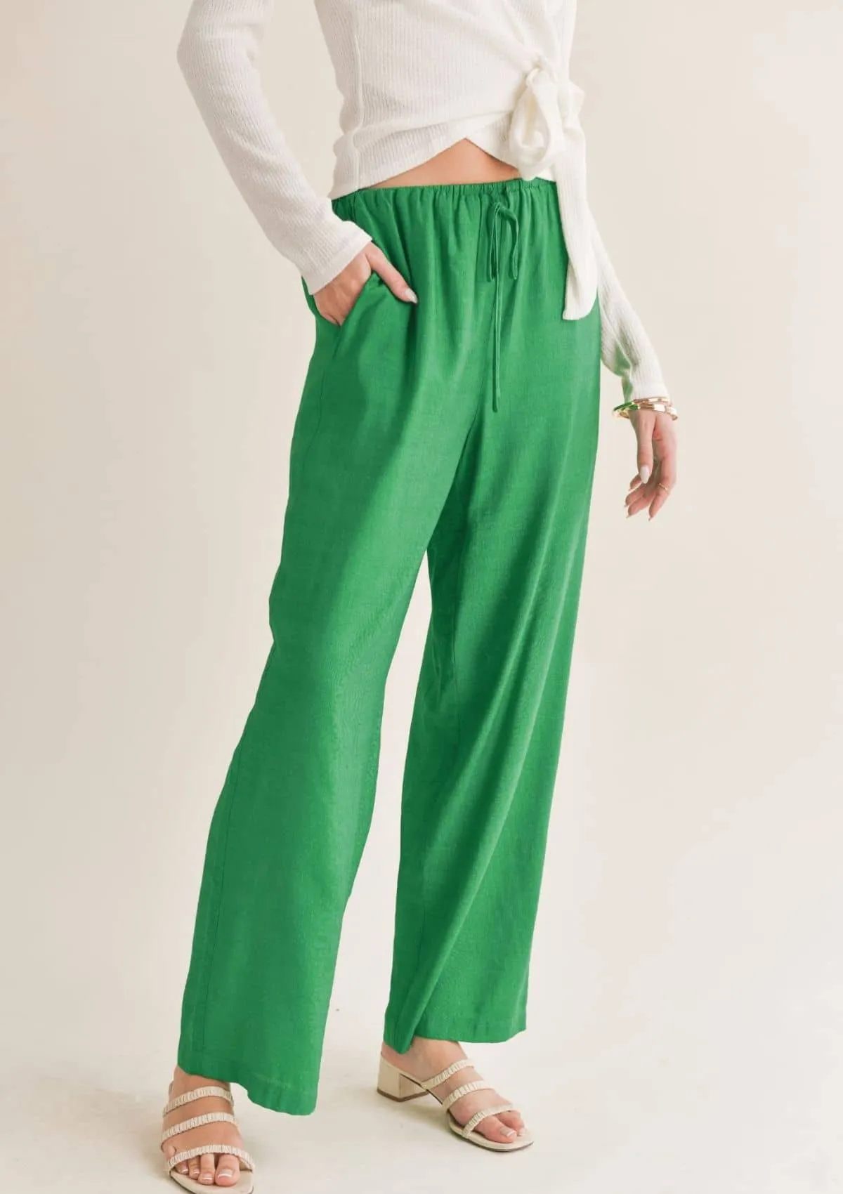 No Envy Tied Waist Wide Leg Pant - Kelly Green