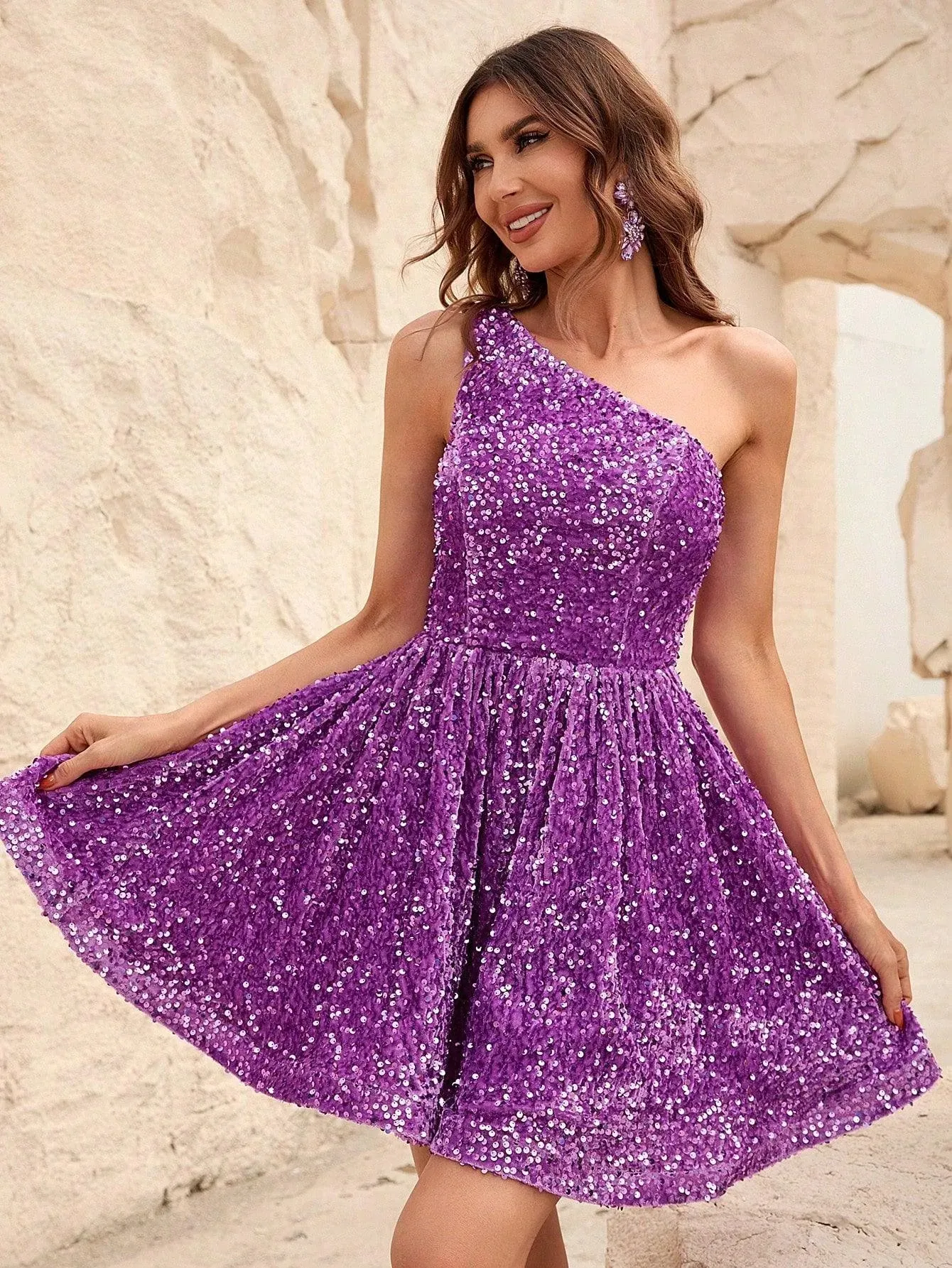 One Shoulder Sleeveless Sequin A Line Dresses