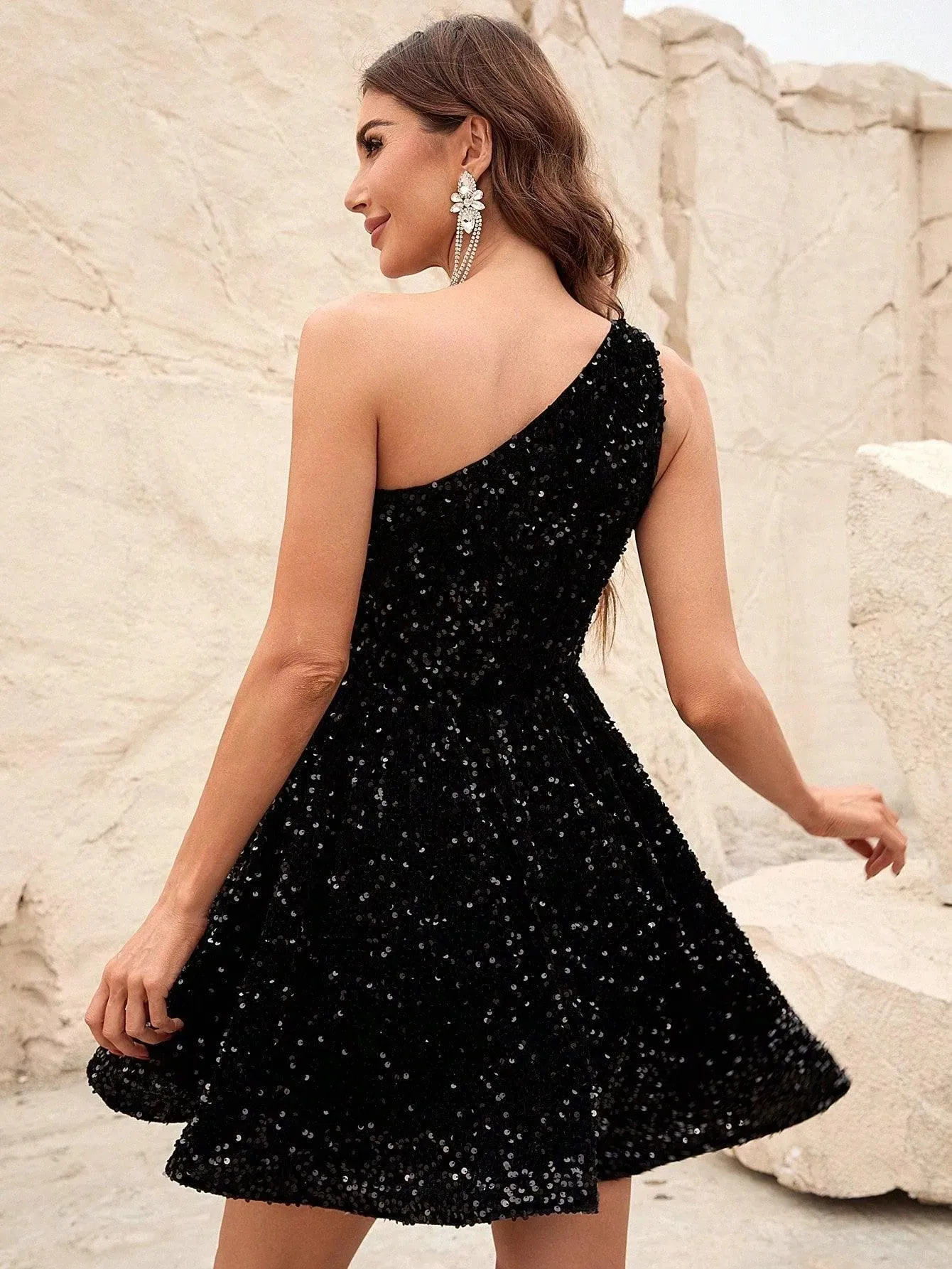 One Shoulder Sleeveless Sequin A Line Dresses