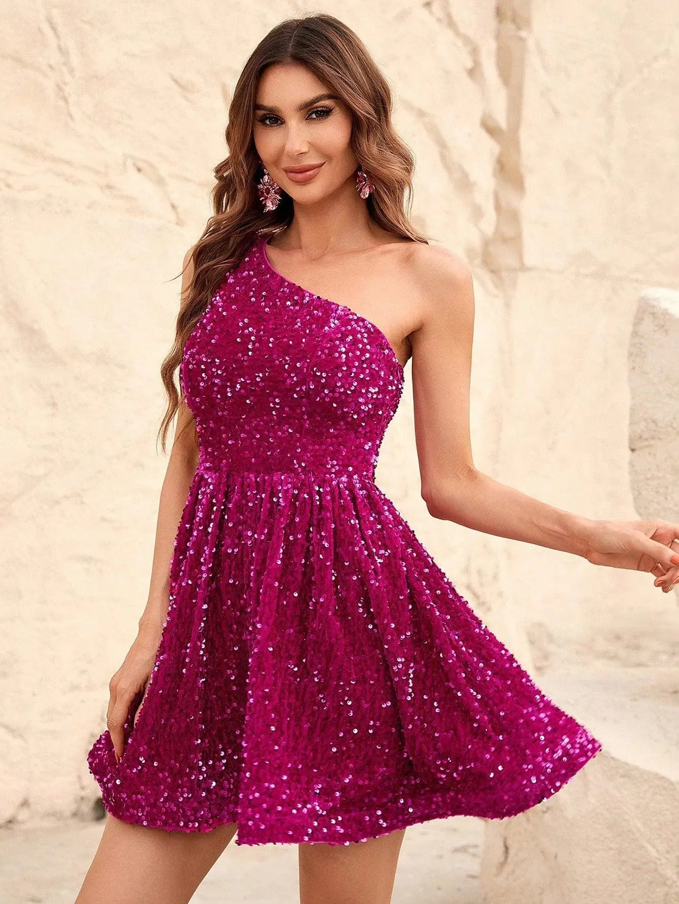 One Shoulder Sleeveless Sequin A Line Dresses