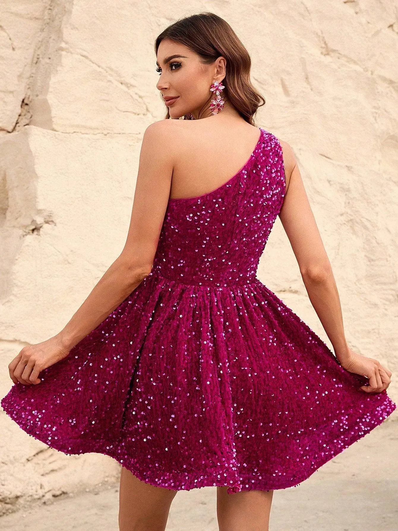 One Shoulder Sleeveless Sequin A Line Dresses