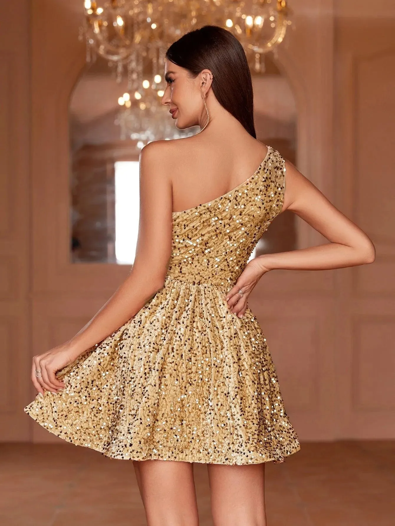 One Shoulder Sleeveless Sequin A Line Dresses