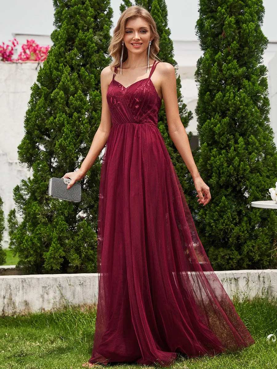 Paillette A-Line Tulle Bridesmaid Dress with Cross-Back Straps