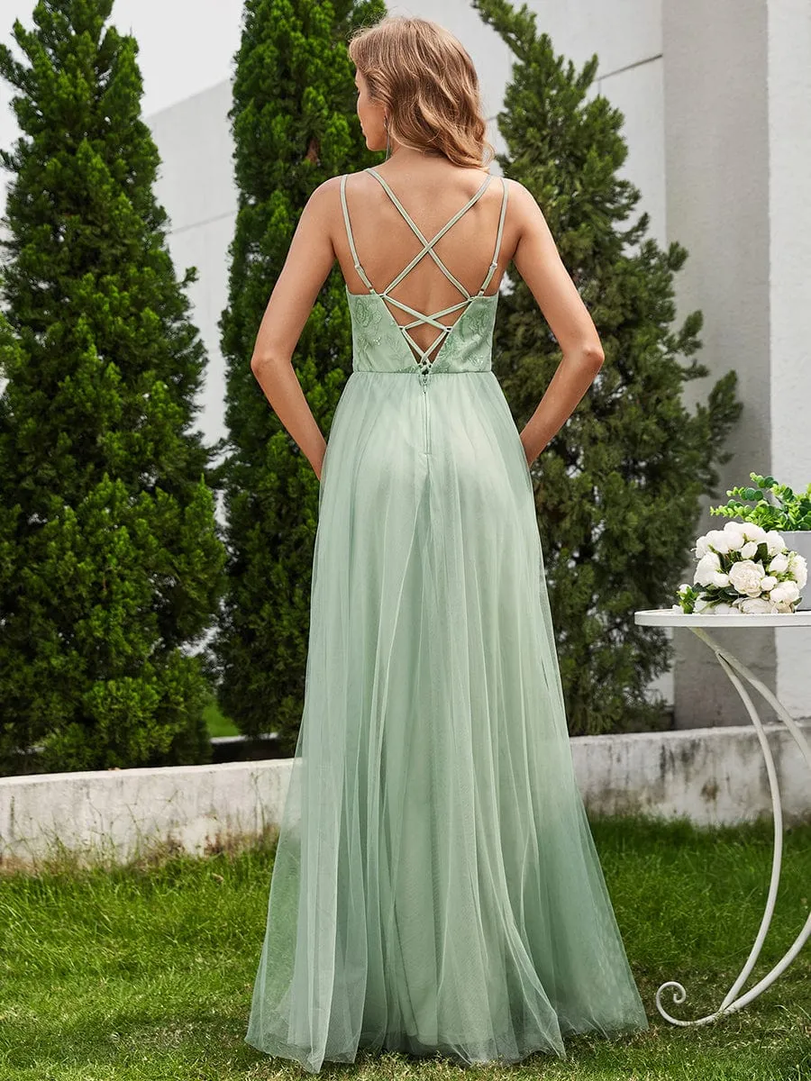 Paillette A-Line Tulle Bridesmaid Dress with Cross-Back Straps