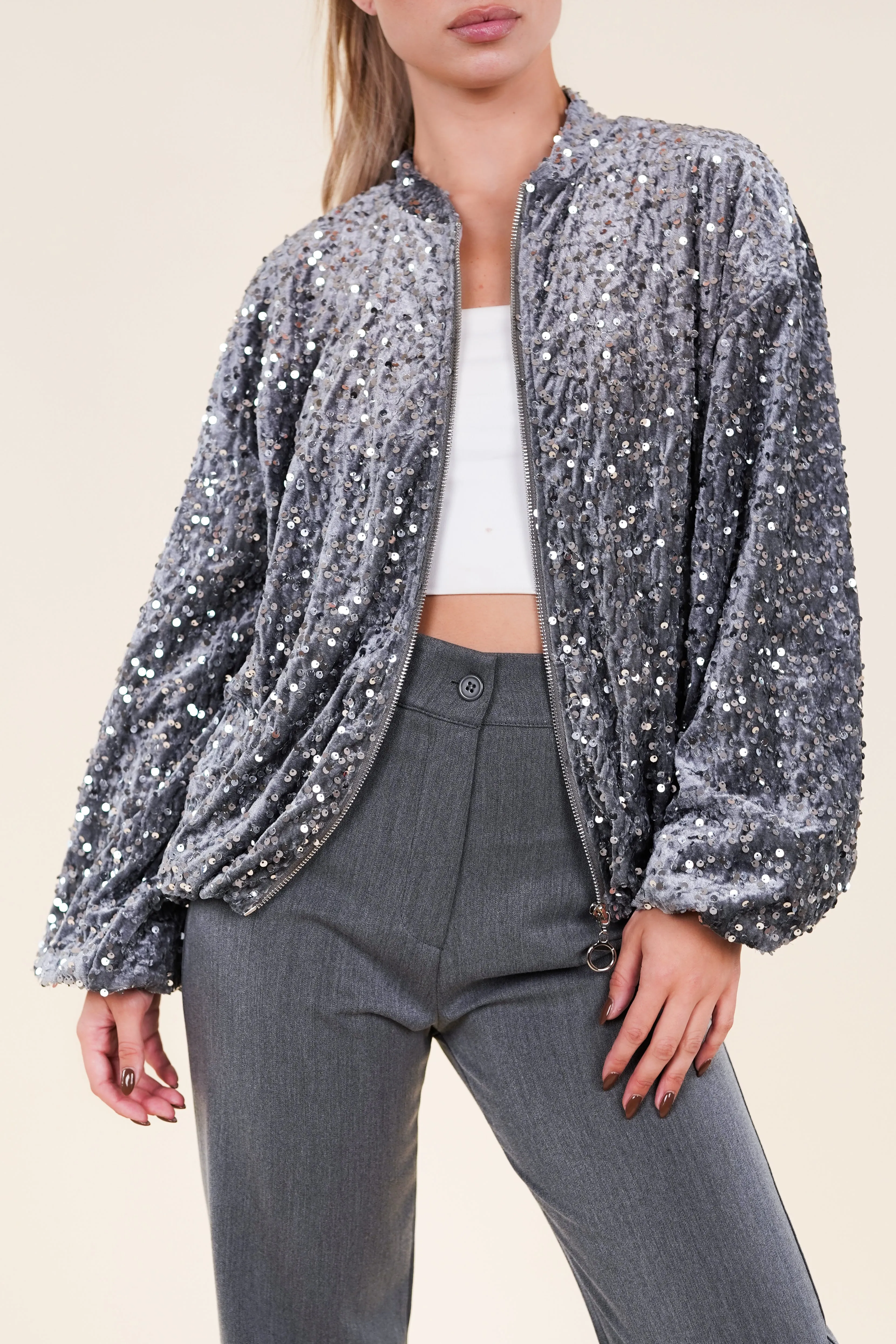 Pailletten bomber jacket zilver - Liva