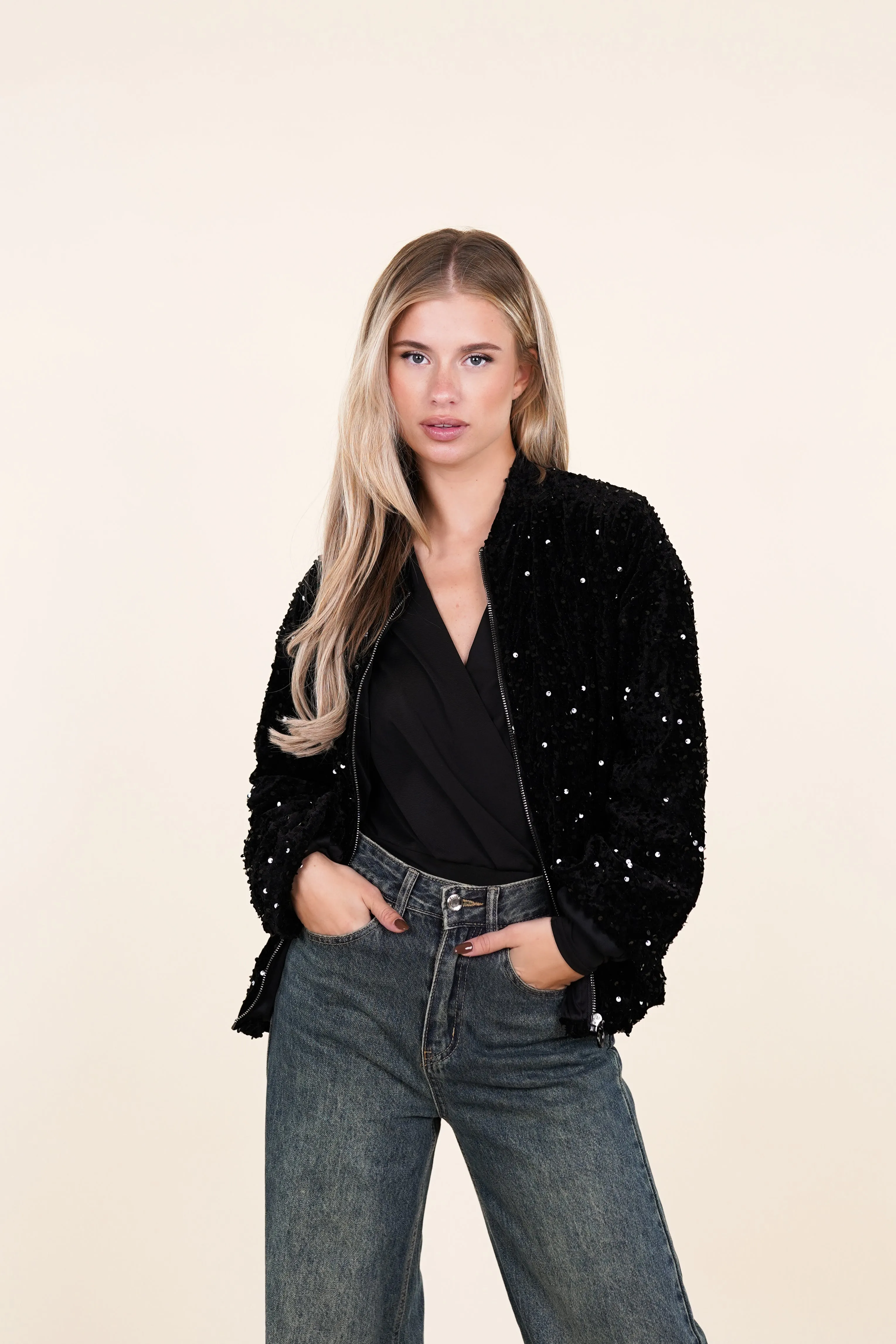 Pailletten bomber jacket zwart - Liva