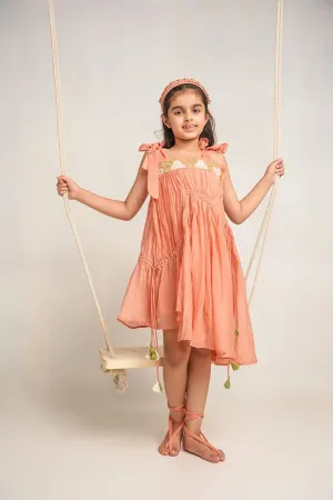 Poco Loco-Peach Chanderi Silk Hand Embroidered Tie-up Dress for Girls