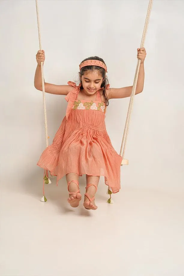 Poco Loco-Peach Chanderi Silk Hand Embroidered Tie-up Dress for Girls