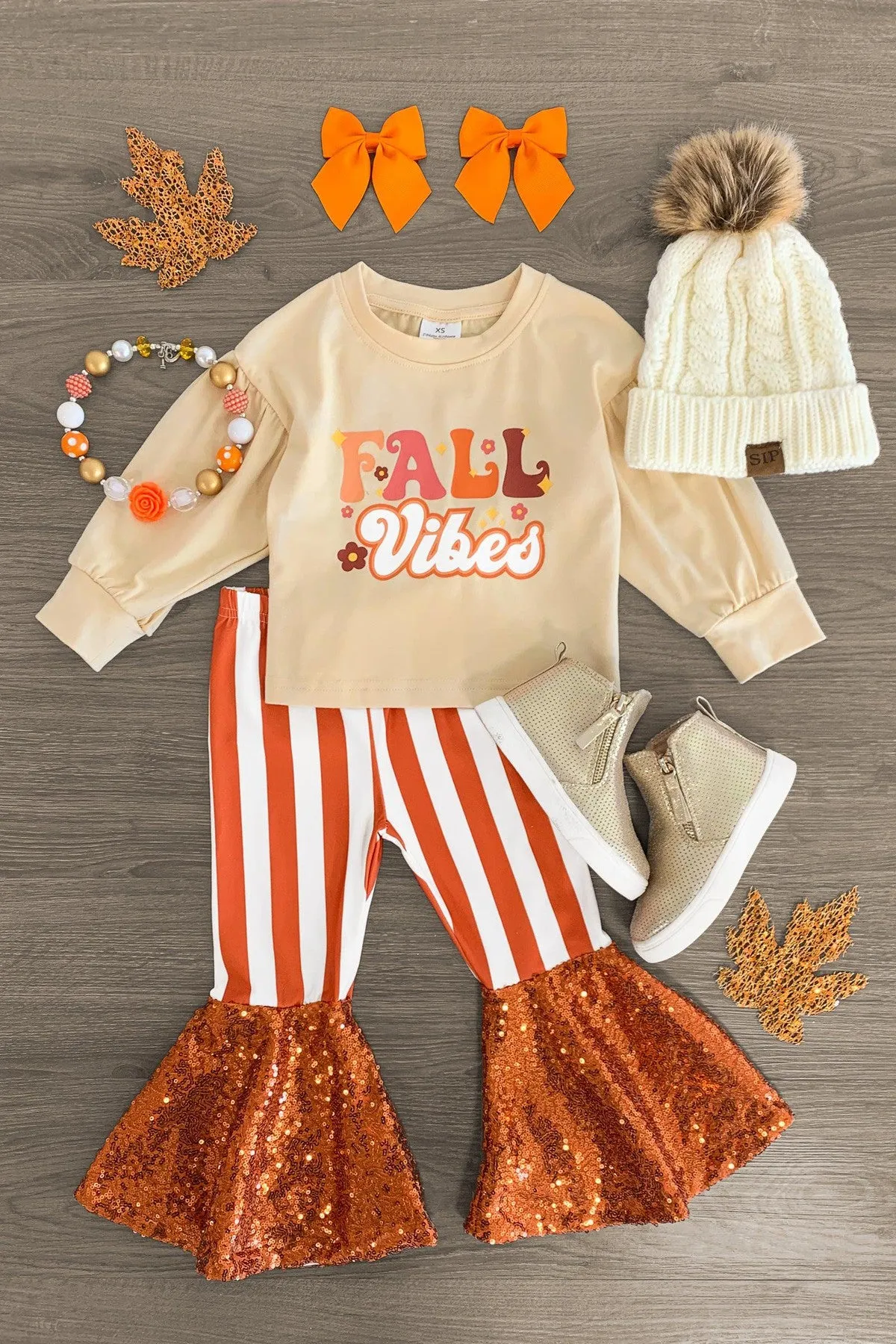 "Fall Vibes" Striped Sequin Bell Bottom Set