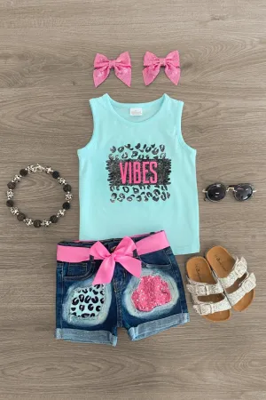 "Vibes" Blue Cheetah Denim Short Set