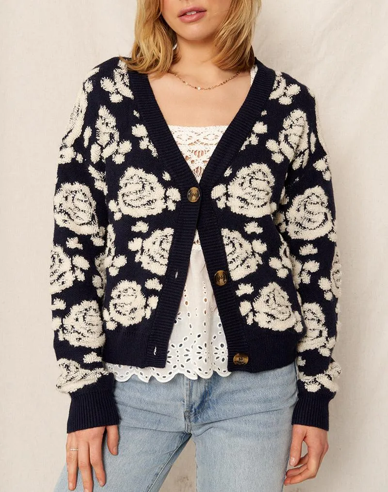 Rain   Rose Button Front Cardigan Sweater in Navy/Ivory