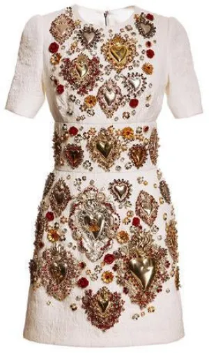 'Sacred Heart' Embellished Short Sleeve Brocade Dress - White