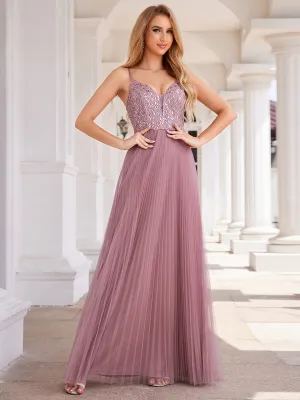 Sequin See Through V-Neck Sleeveless WholesaleTulle Evening Dress