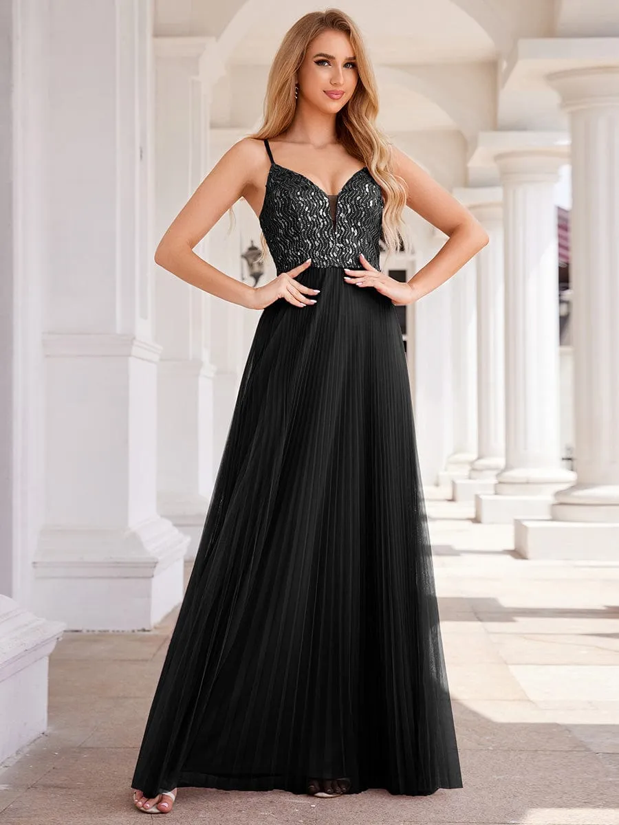 Sequin See Through V-Neck Sleeveless WholesaleTulle Evening Dress