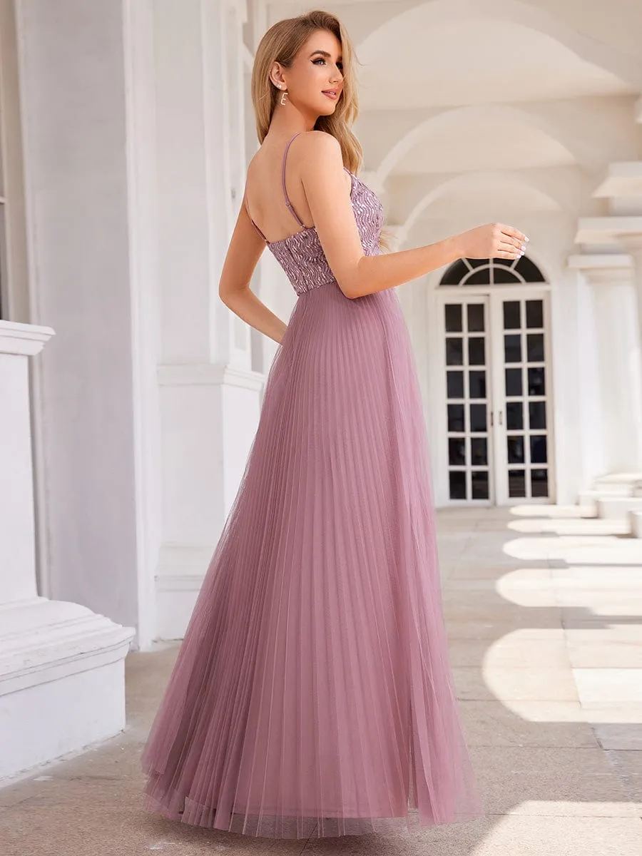 Sequin See Through V-Neck Sleeveless WholesaleTulle Evening Dress