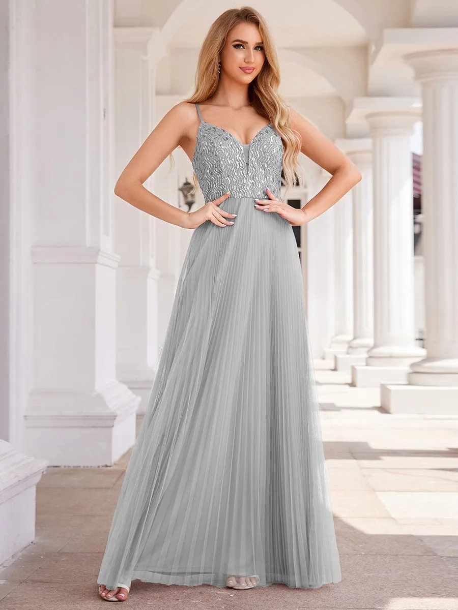 Sequin See Through V-Neck Sleeveless WholesaleTulle Evening Dress