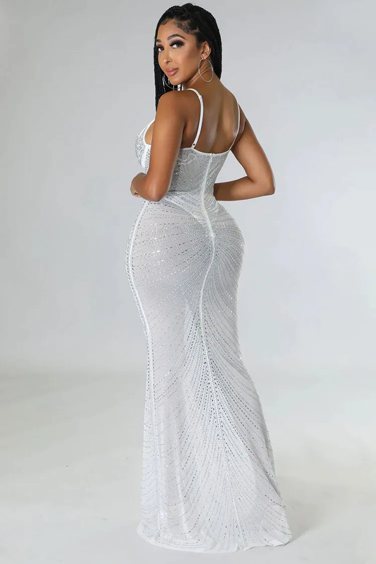 Sparkly Rhinestone Bustier Sheer Mesh Sleeveless Fishtail Evening Maxi Dress - White