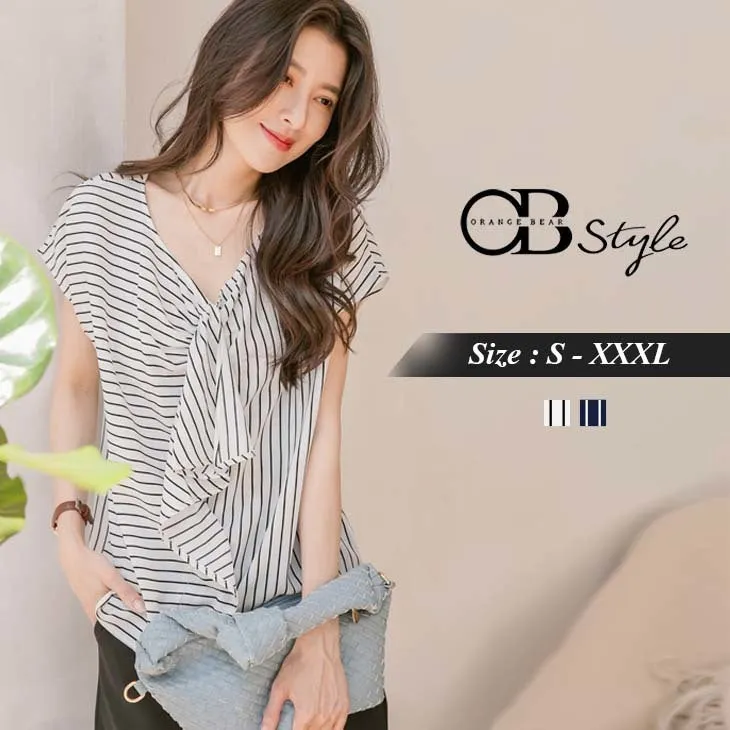 STRIPED-RUFFLE SLEEVE TOPS