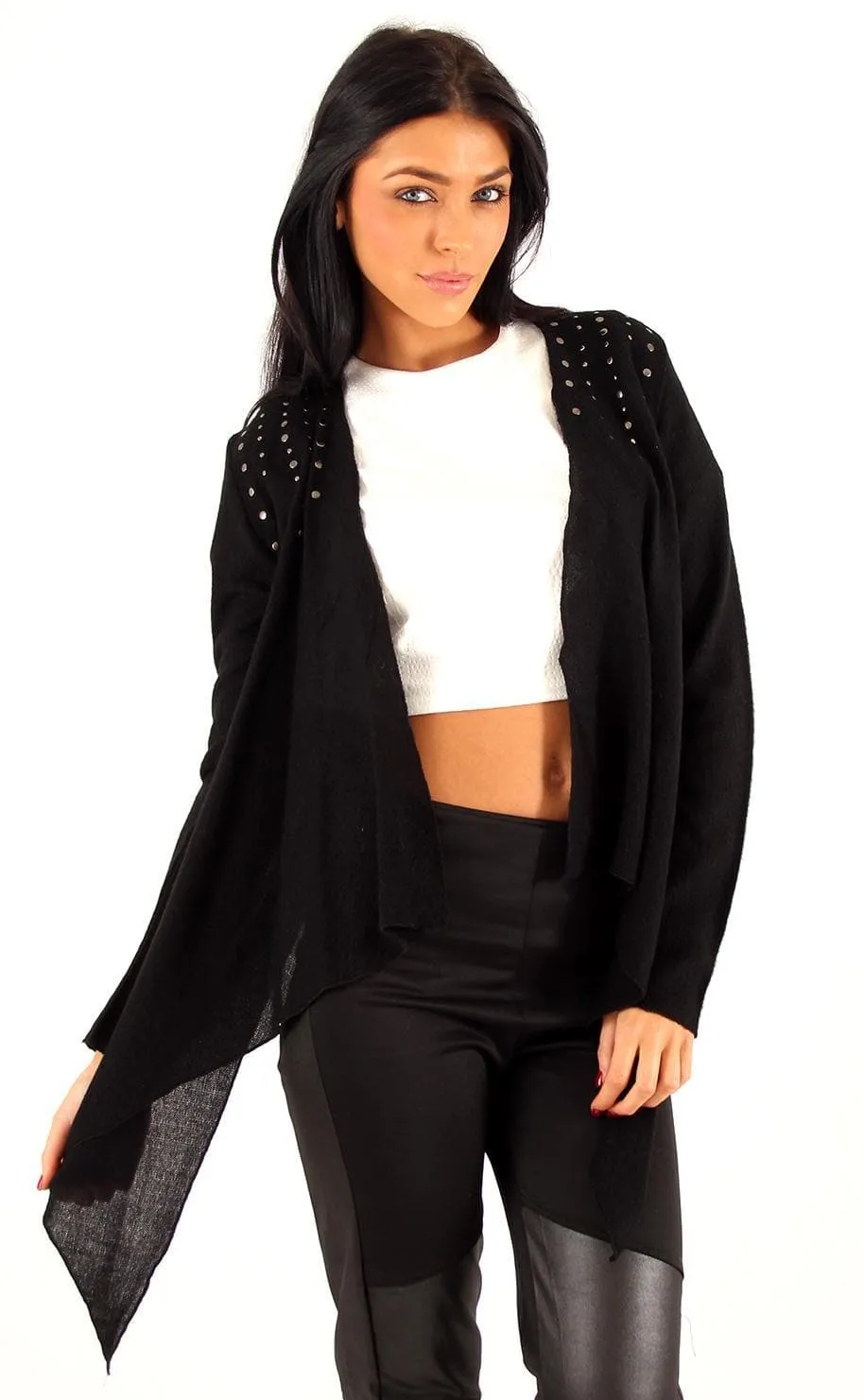 Studded Shoulder Waterfall Cardigan