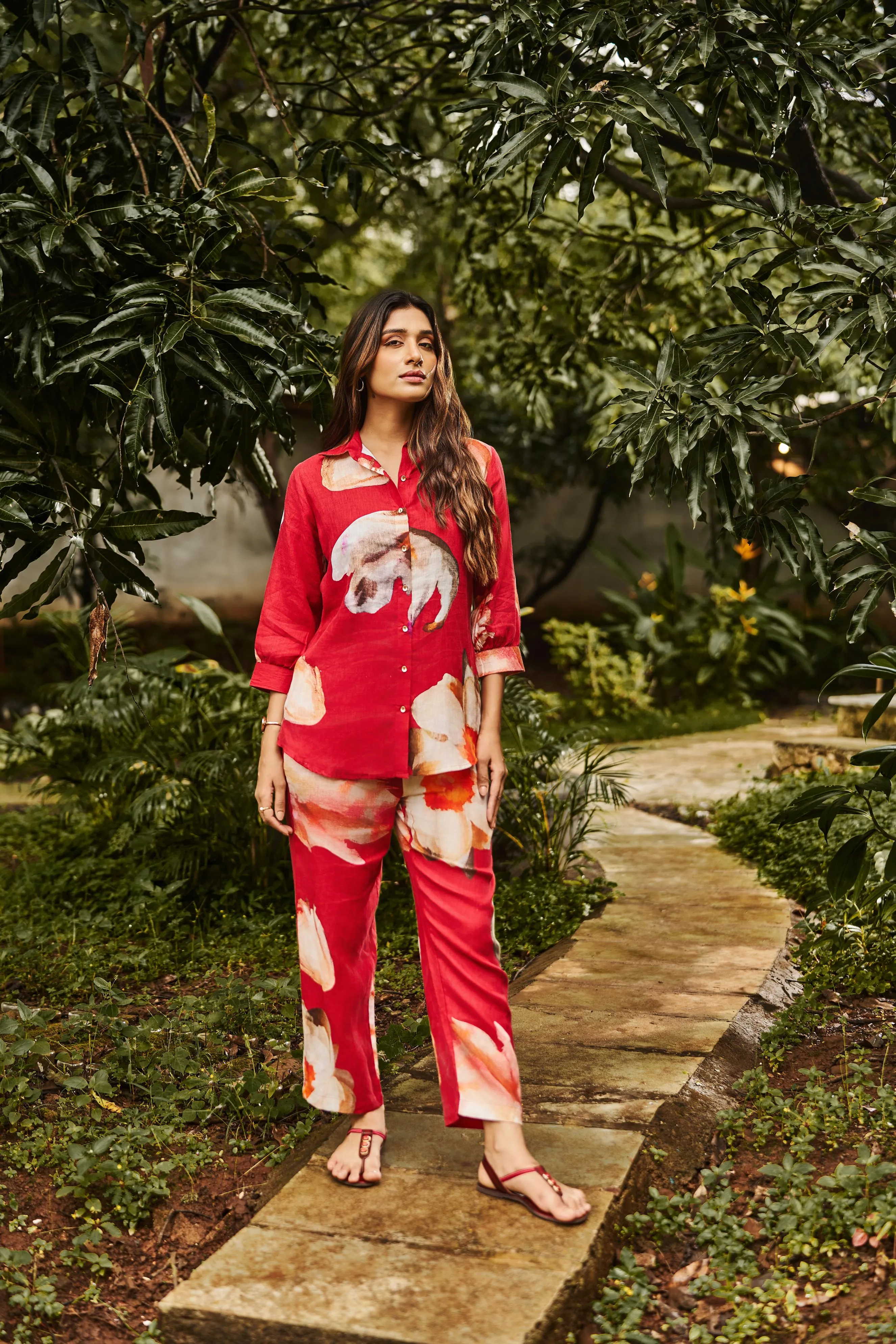 Vivid Red Floral Printed Belgium Linen Co-Ord Set