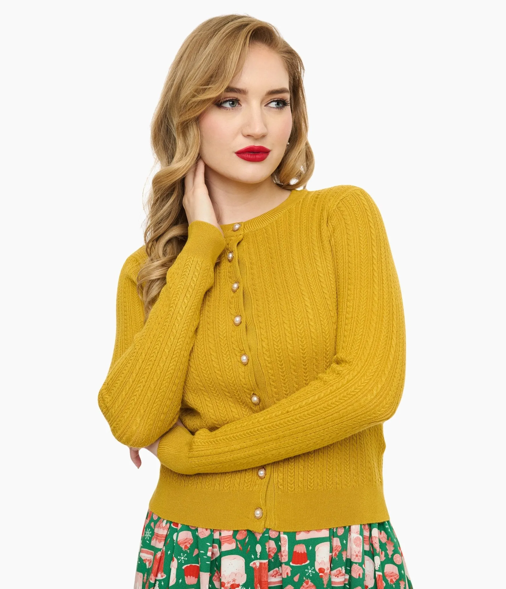 Voodoo Vixen 1950s Mustard Yellow Textured Cardigan